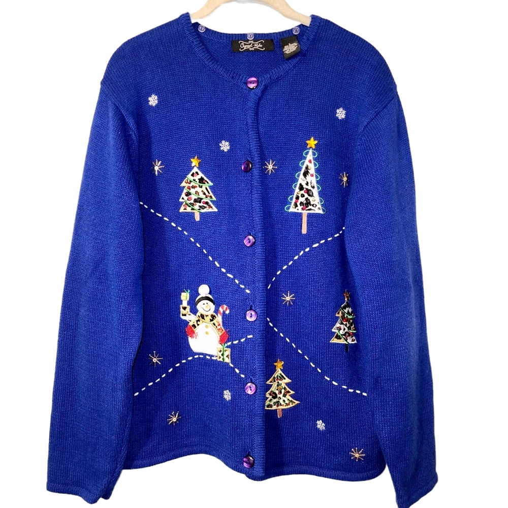 Crystal-Kobe Christmas Tree, Snowman Embroidered & Embellished Button Down